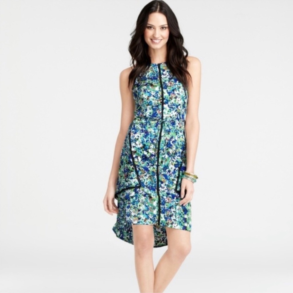 Ann Taylor Skirt Overlay Hi-low Hem Garden Floral Dress Size 8  Surf Green